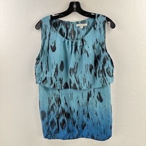 Cabi 100% Silk Teal Blue Black Abstract Print Layered Tiered Blouse‎ Size M